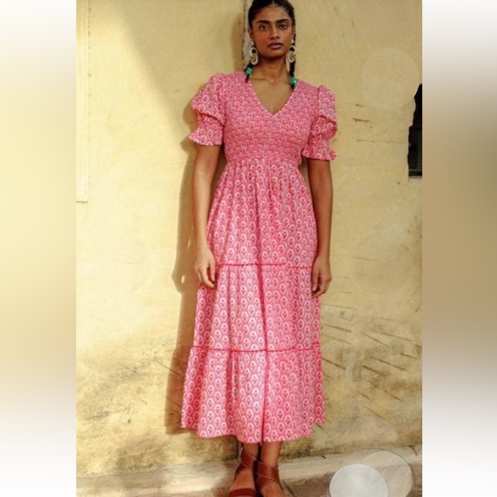Pink City Prints Isabel V-Neck Smocked Dress in Pink Jaipur Rose, Size Medium
